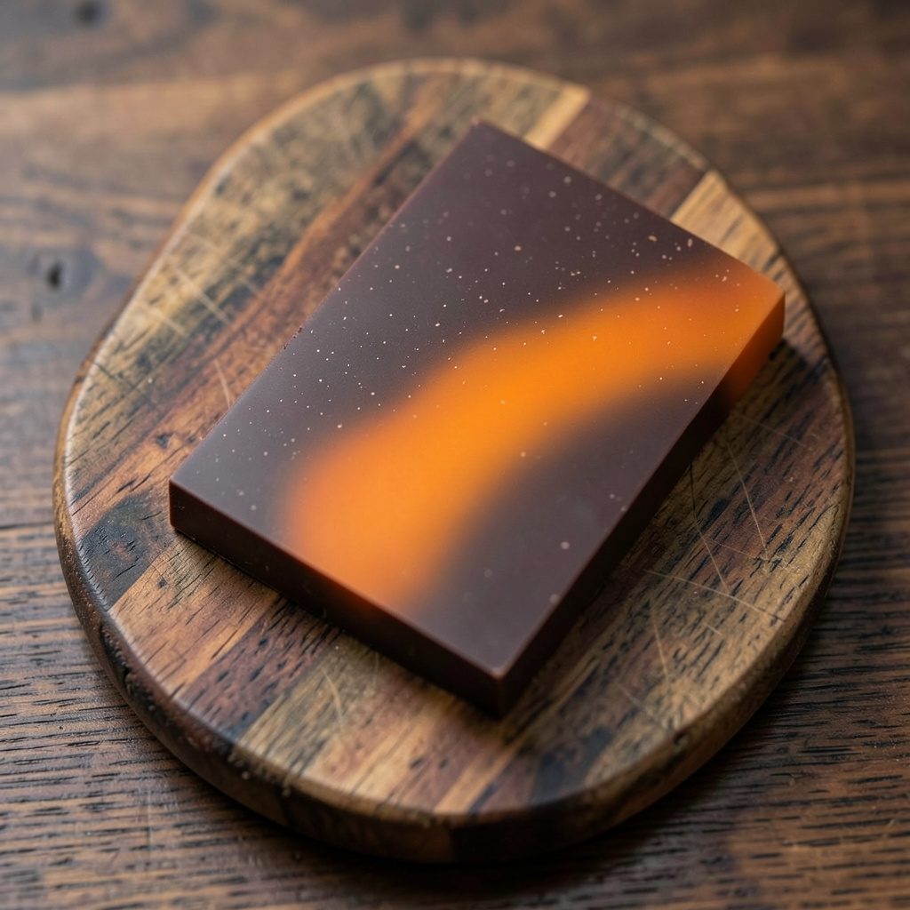Dark chocolate bar with a subtle speckled texture on a rustic wooden board, rich brown tones