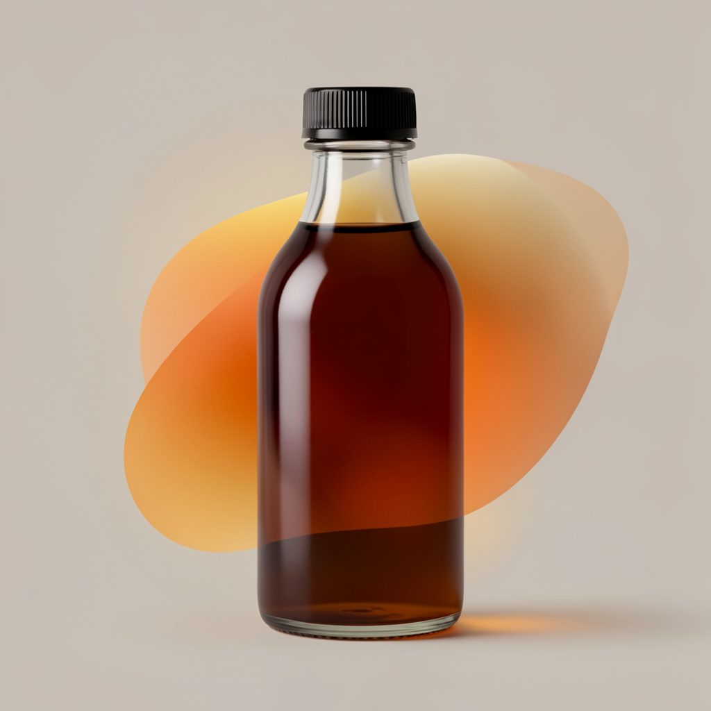 Glass syrup bottle with a dark amber liquid against a neutral background, warm golden-brown hues
